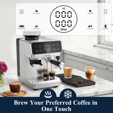 Touchscreen control simplifies selecting grind, shot, and steam settings.