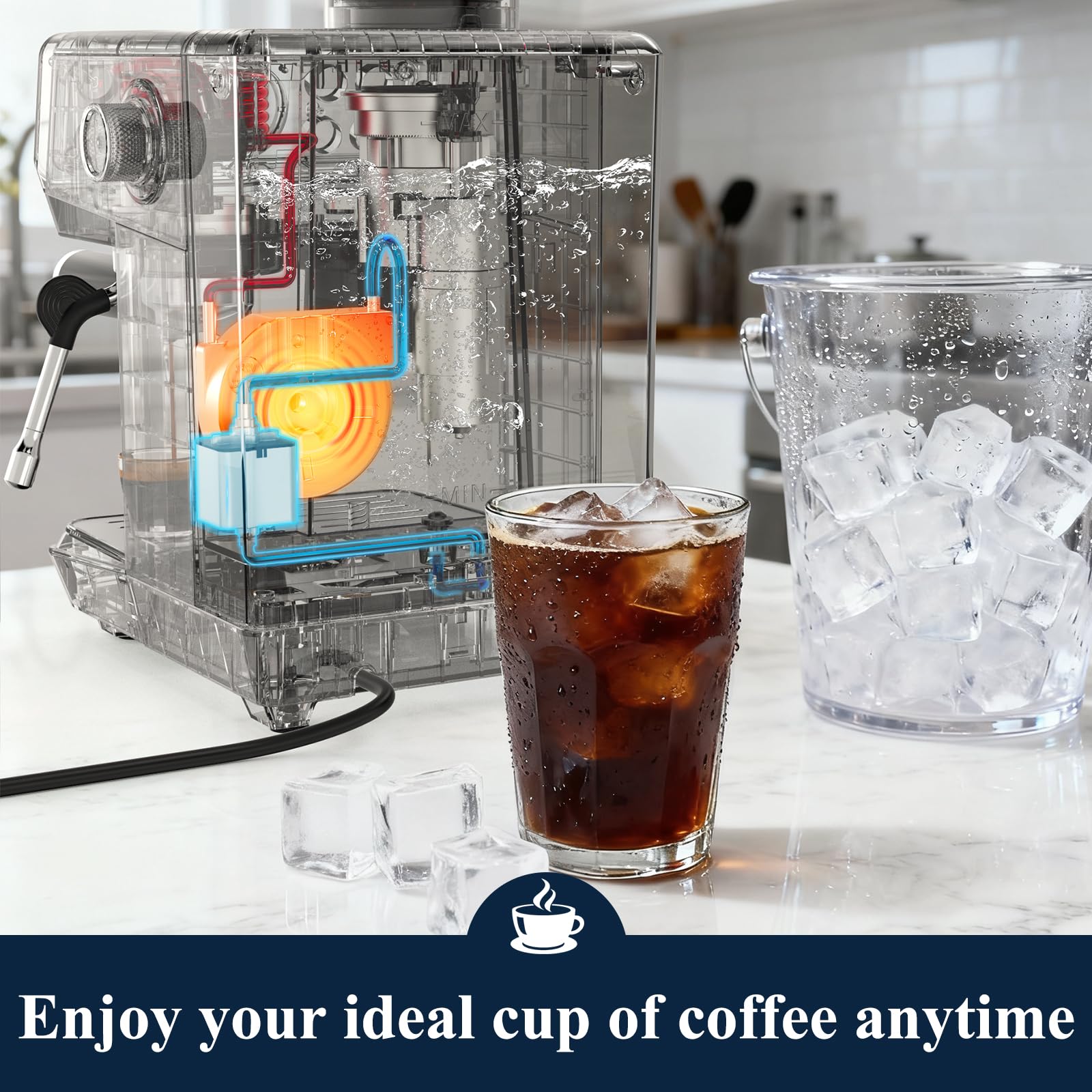 Compact footprint fits under cabinets while delivering café style performance.