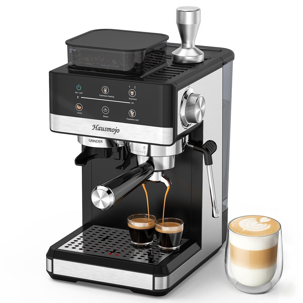 Hausmojo espresso machine front view in stainless steel for compact kitchens
