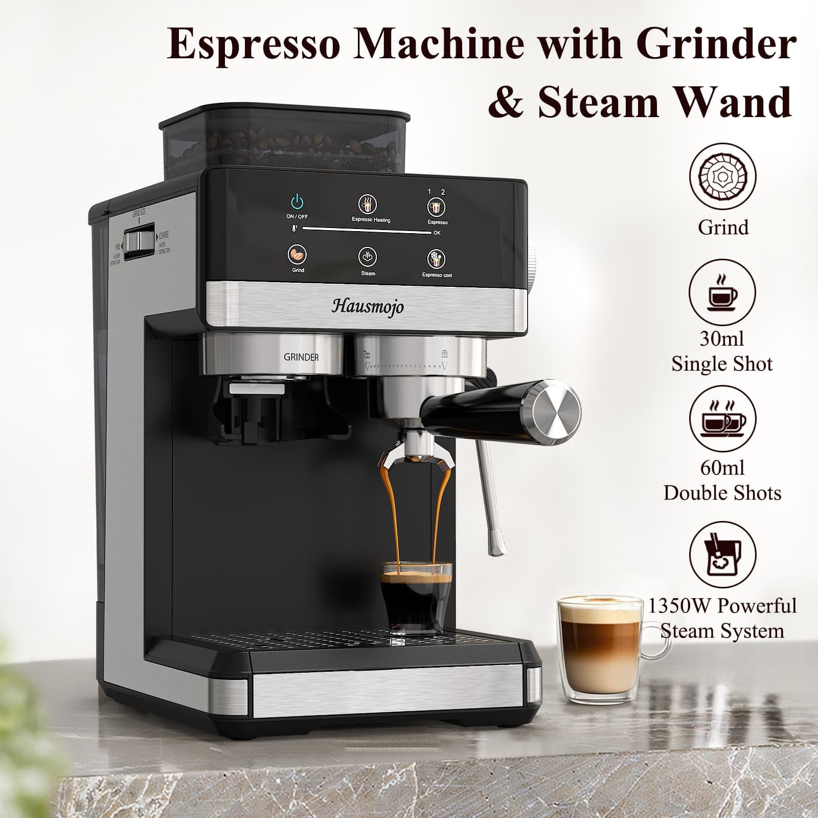 Hausmojo built-in grinder detail with metal conical burrs for fresh grounds