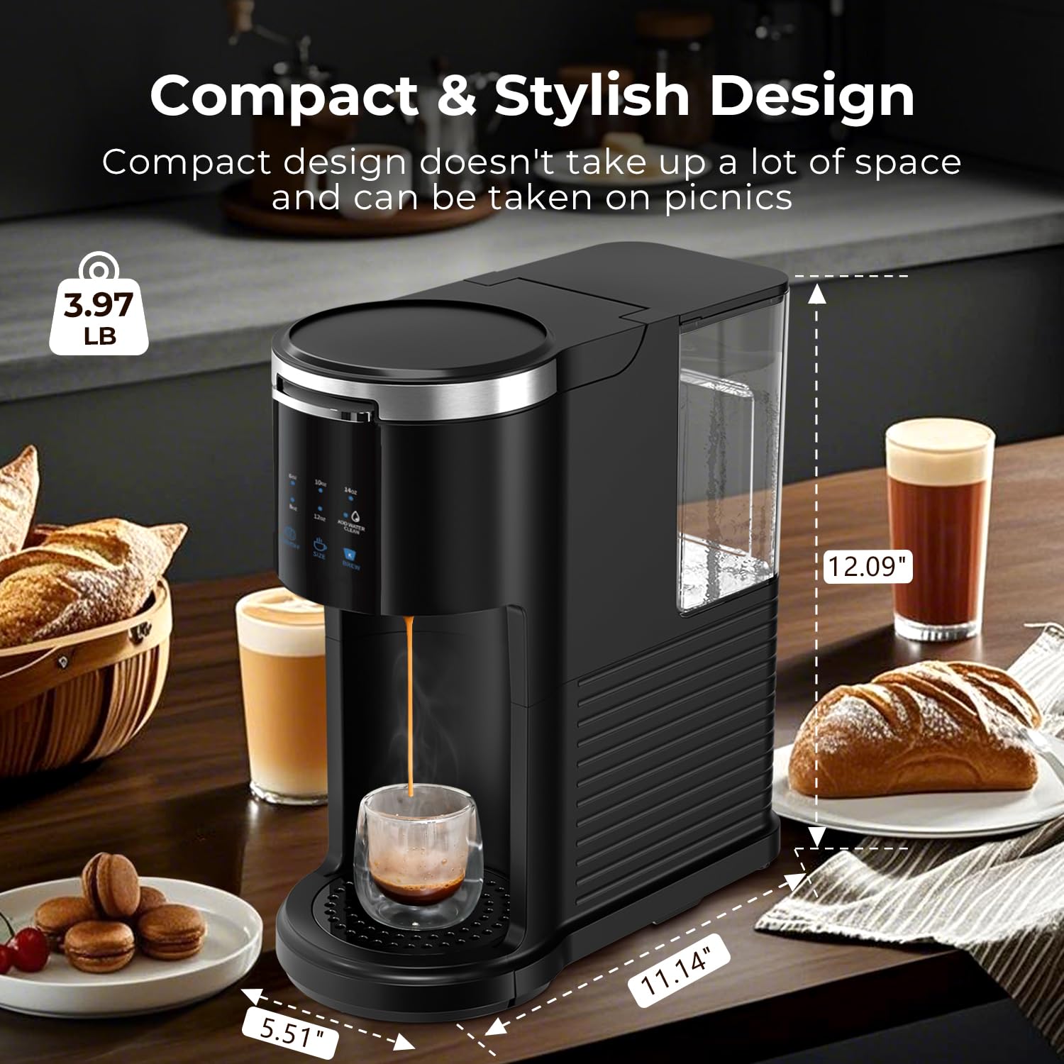 Havato unit showing 6 to 14 oz brew sizes for mugs.