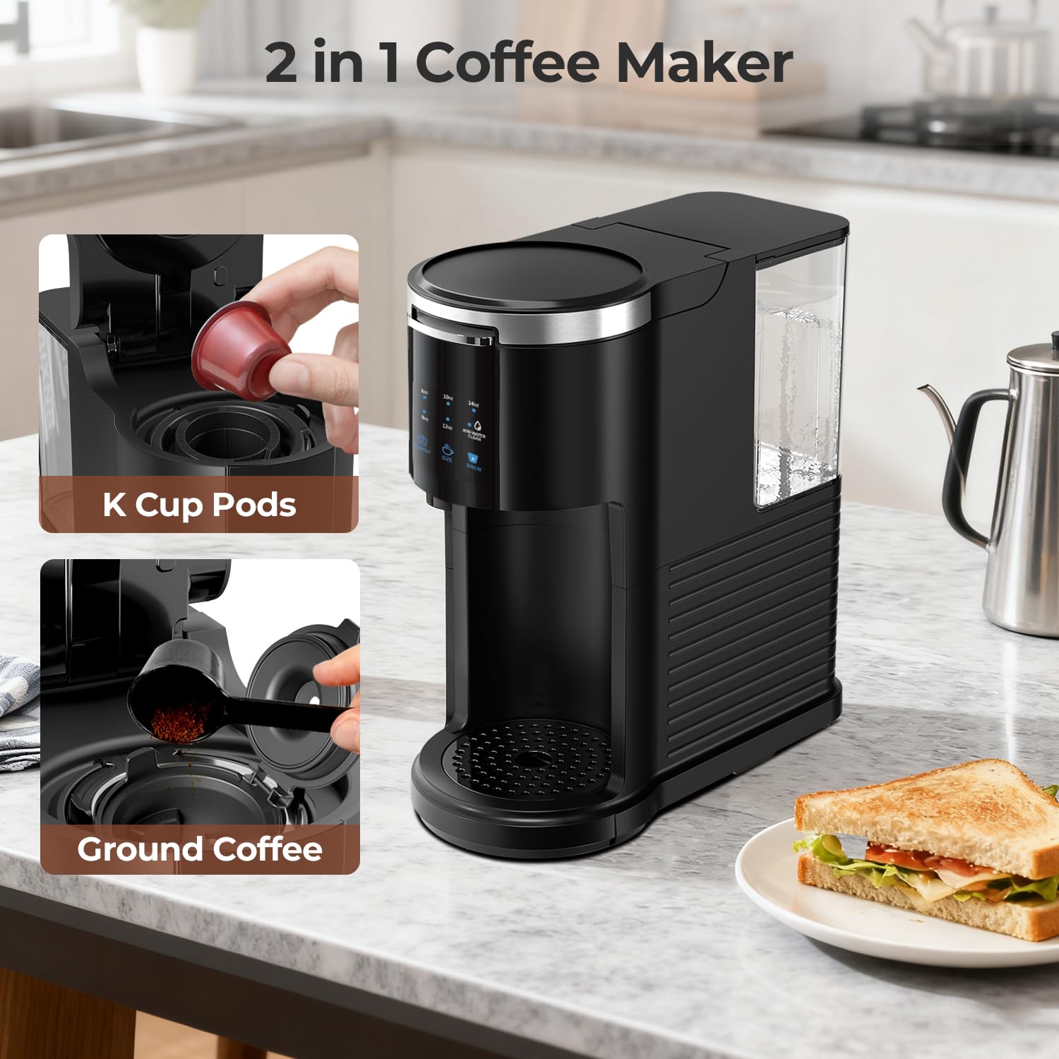 Havato single-serve brewer ready for K-Cups and ground coffee for flexibility.