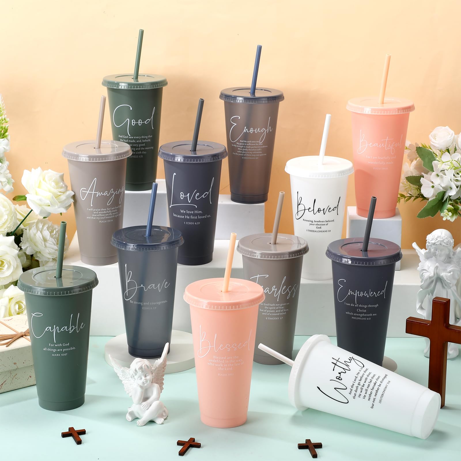 Havawish Bible verse tumbler green with lid and straw, perfect for church events