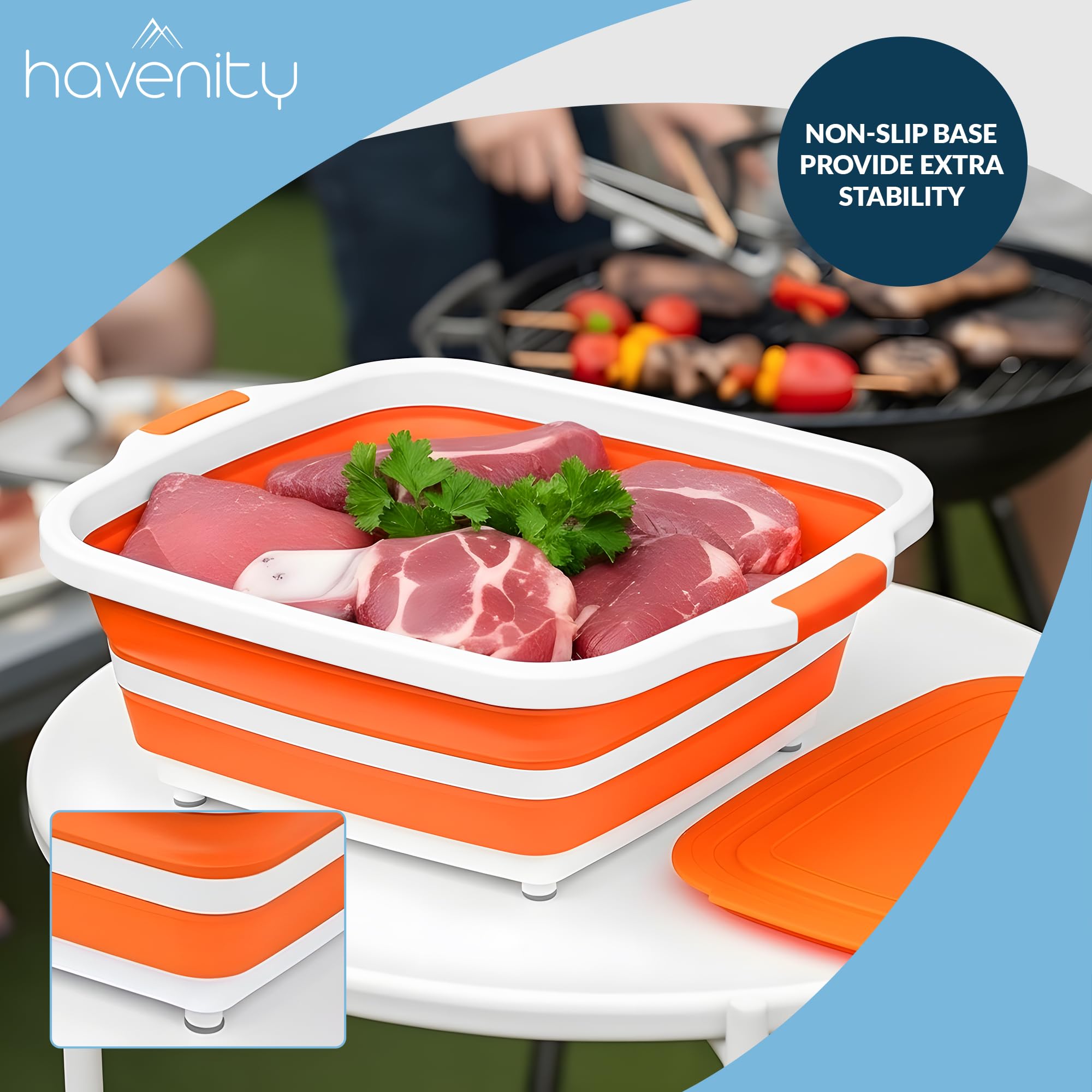 Havenity BBQ Prep Tub integrated cutting board helps food prep
