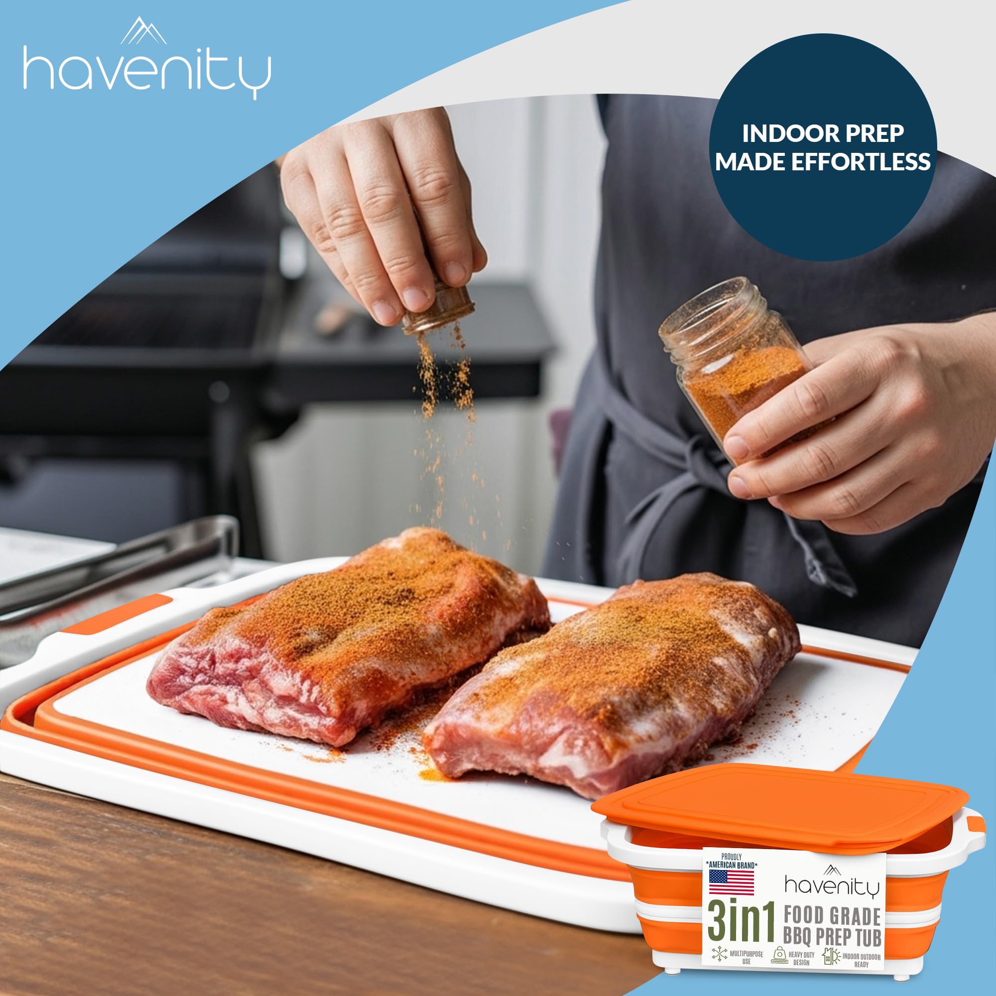 Havenity BBQ Prep Tub folded to 1-2in tall saves space.