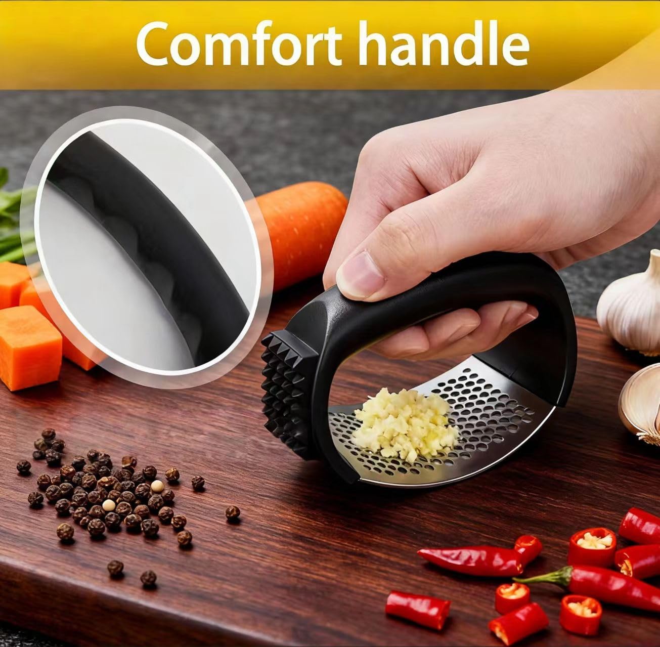 HavenNest garlic press demonstrates rocking action for quick, effortless crushing.