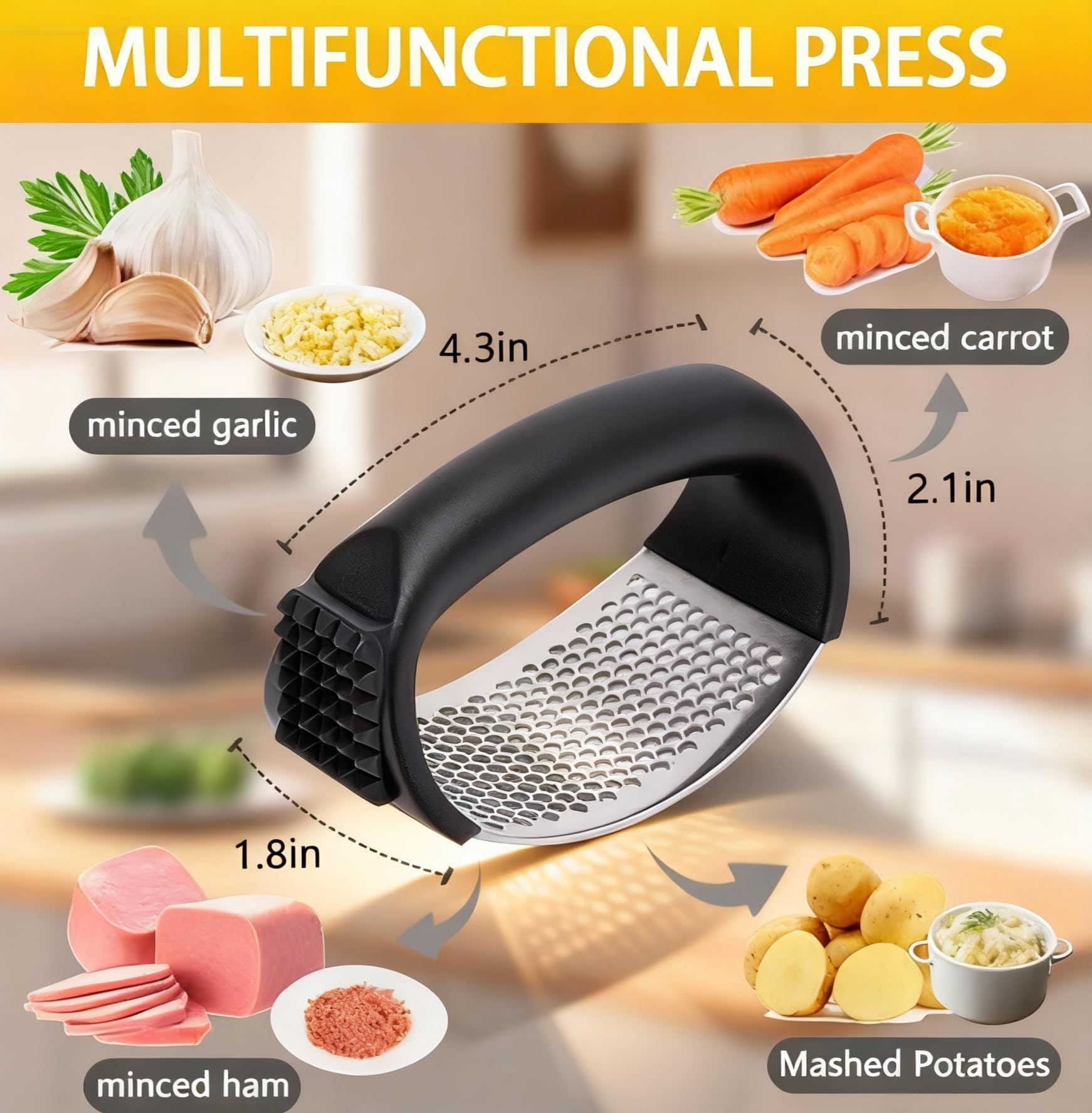 HavenNest garlic press in stainless steel body for durability and rust resistance.