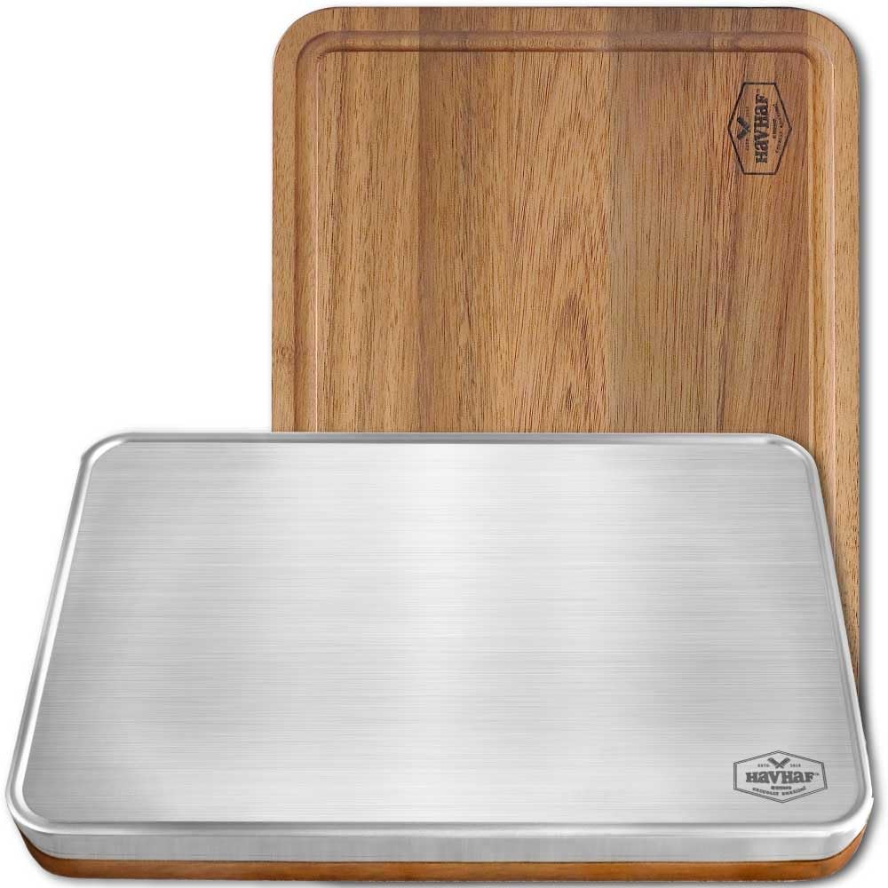 HAVHAF stainless steel cutting board lip keeps juices on surface for easy prep