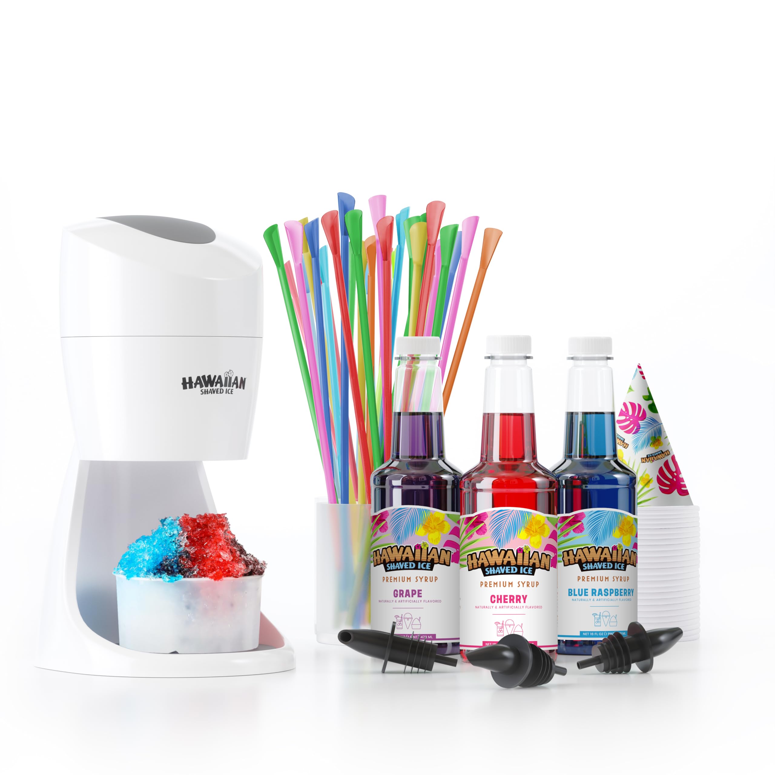 Hawaiian Shaved Ice machine kit on a kitchen counter for quick frozen treats.