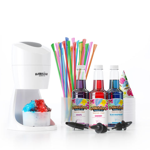 Hawaiian Shaved Ice machine kit on a kitchen counter for quick frozen treats.