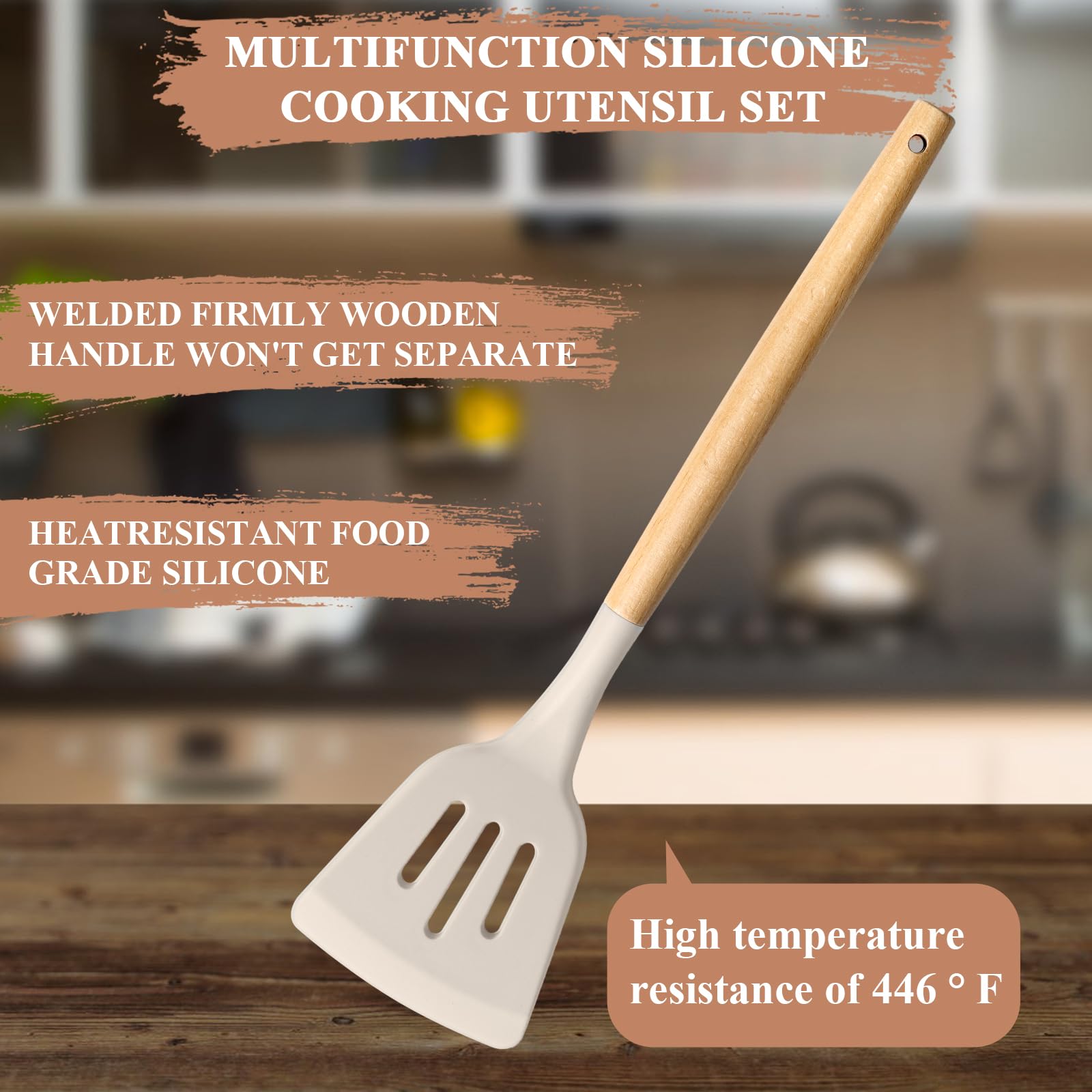 HaWare silicone spatula with wood handle handling delicate batter and bowls