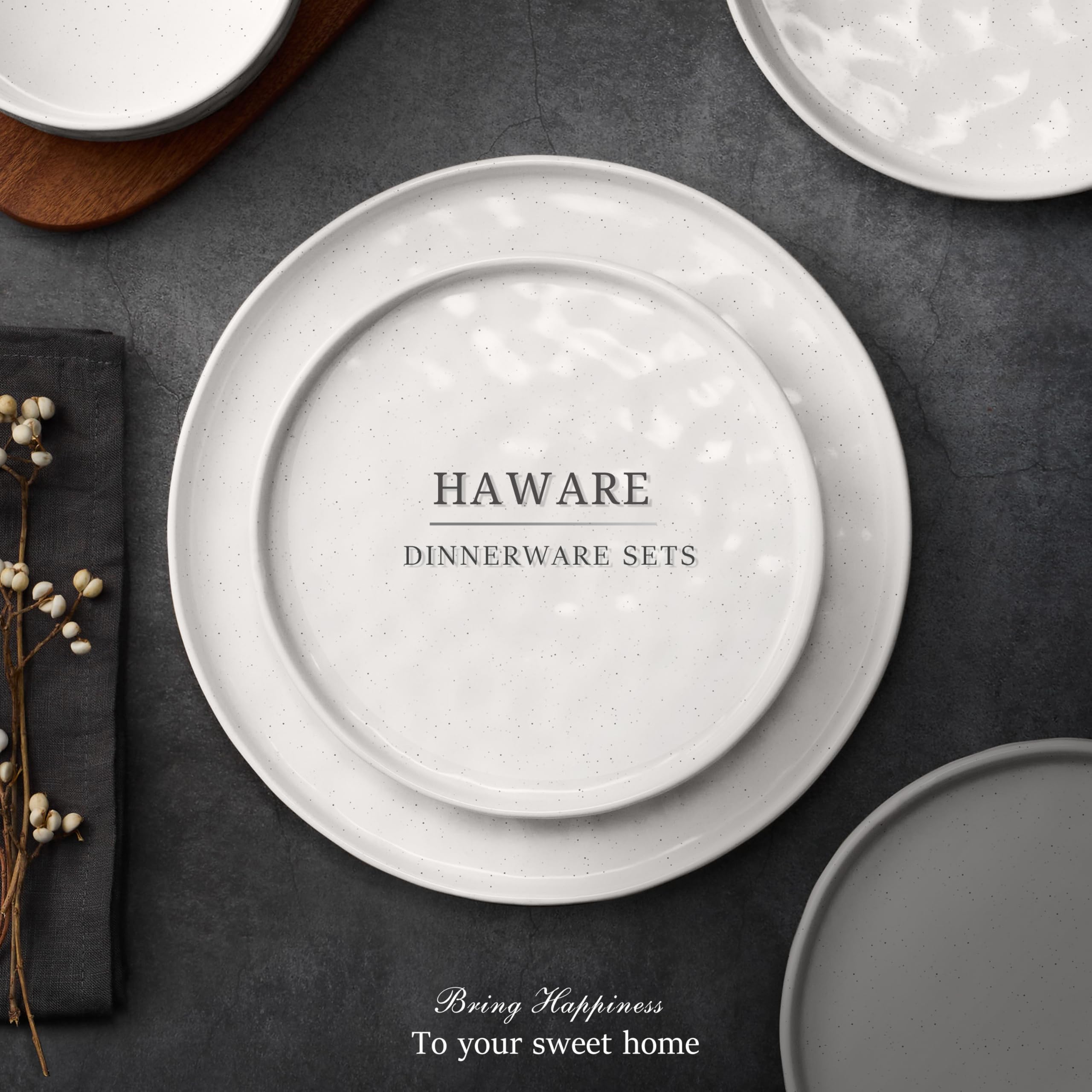 HaWare speckled white finish adds a modern, adaptable touch to tables.