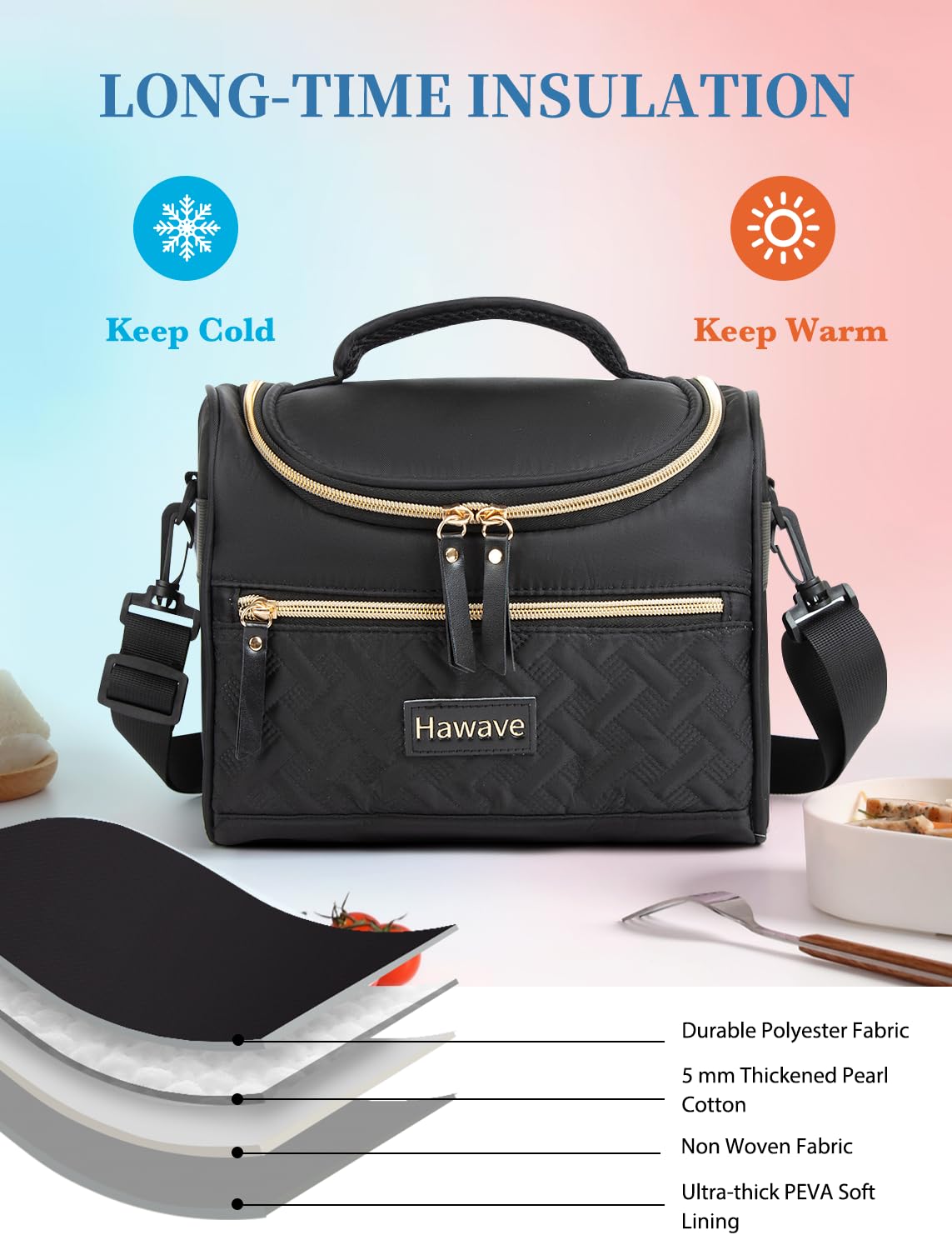 Hawave lunch bag side view with adjustable strap for versatile carrying.