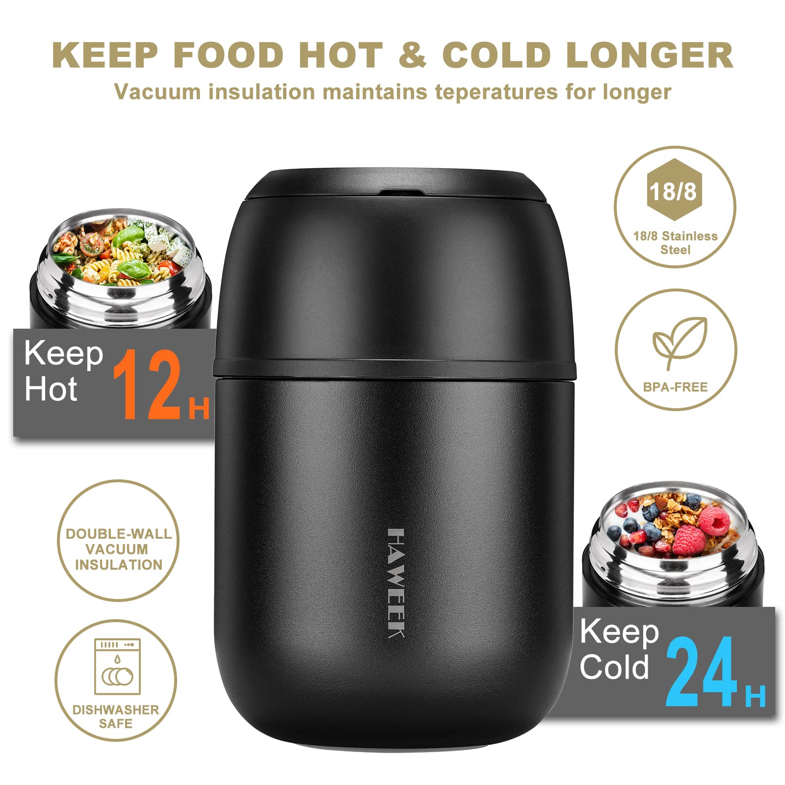 HAWEEK Insulated Soup Thermo folding spoon tucked in lid for on-the-go eating