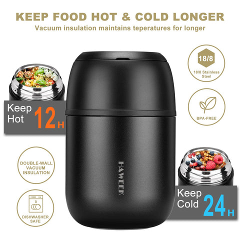 HAWEEK Insulated Soup Thermo folding spoon tucked in lid for on-the-go eating