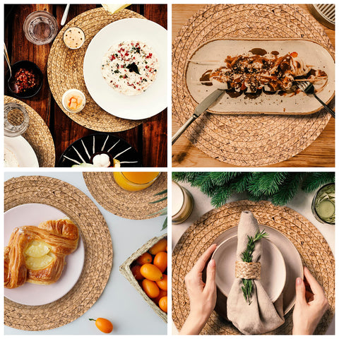 HaxHut rustic golden wicker placemats creating a cozy table aesthetic