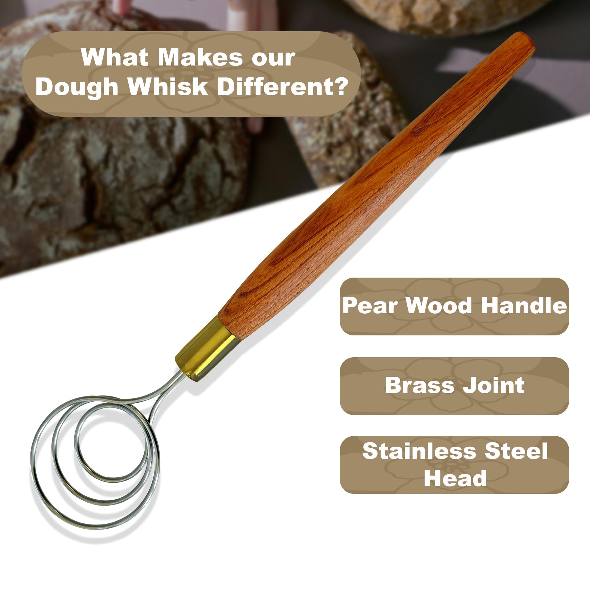 HayJ pear wood handle on the dough whisk provides a comfortable grip.