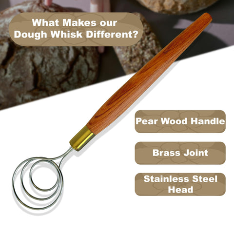 HayJ pear wood handle on the dough whisk provides a comfortable grip.