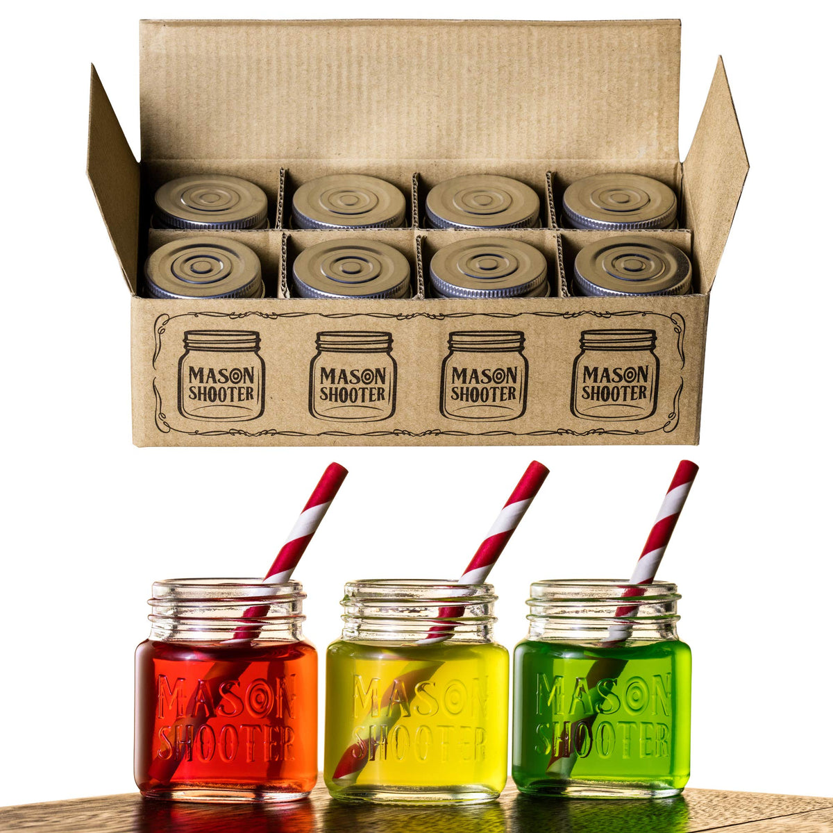 Hayley Cherie small mason shot glasses with lids; 8-pack for stylish home bar serving