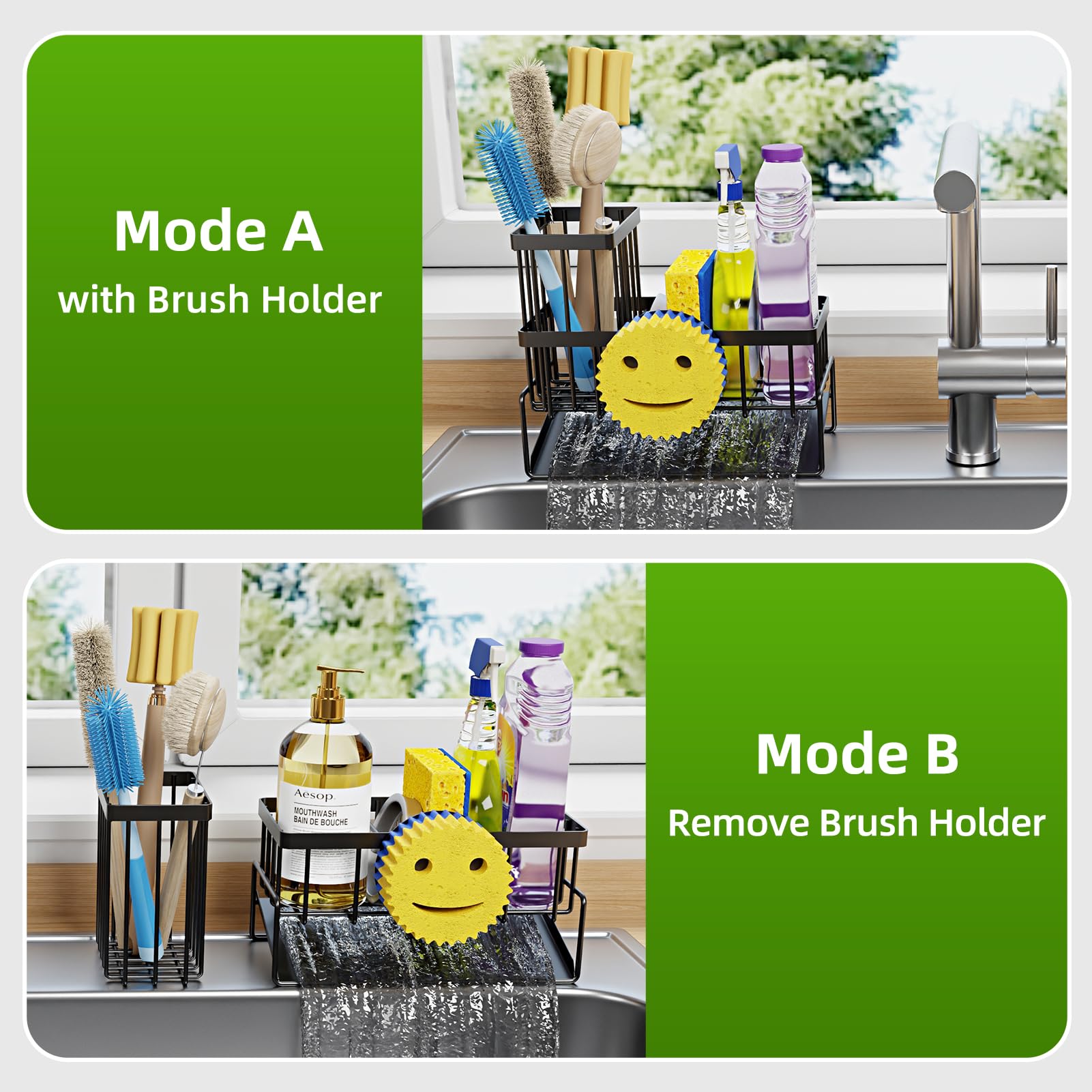 HAYOLPORS Smiley Face Sink Caddy fits detergent bottle and sponges neatly.