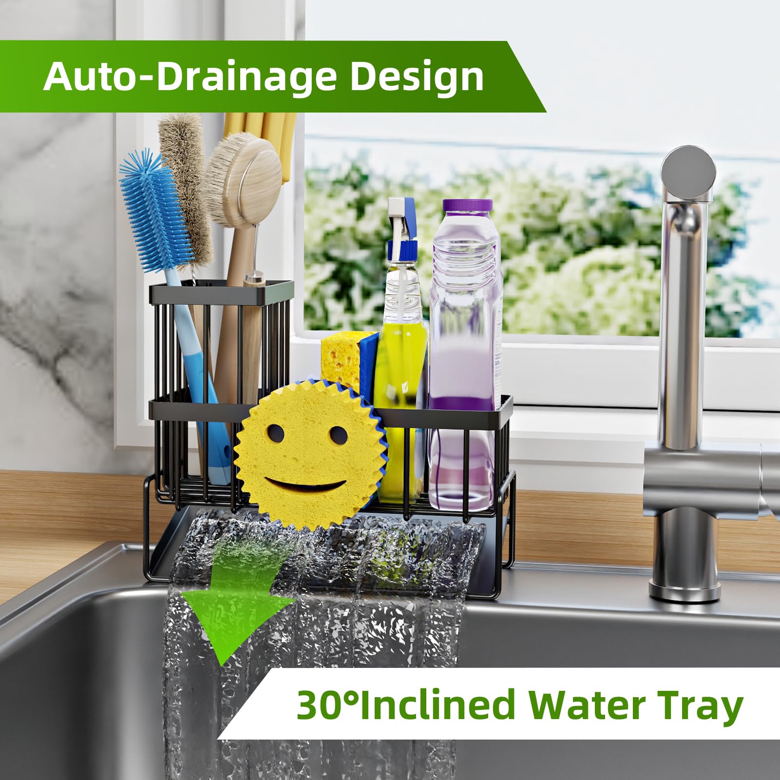 HAYOLPORS Smiley Face Sink Caddy includes detachable brush holder for flexibility.