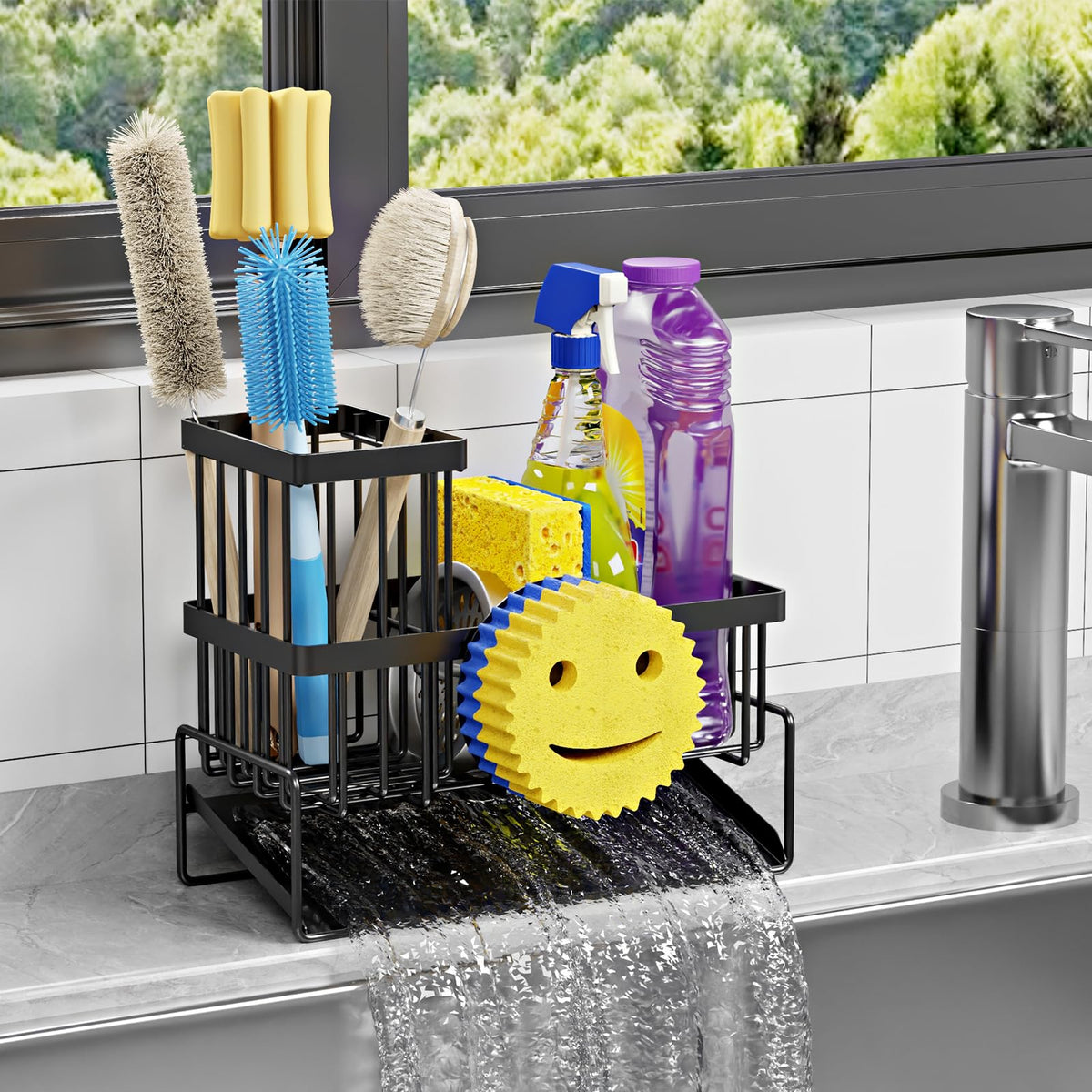 HAYOLPORS Smiley Face Sink Caddy with removable brush holder keeps counters tidy.
