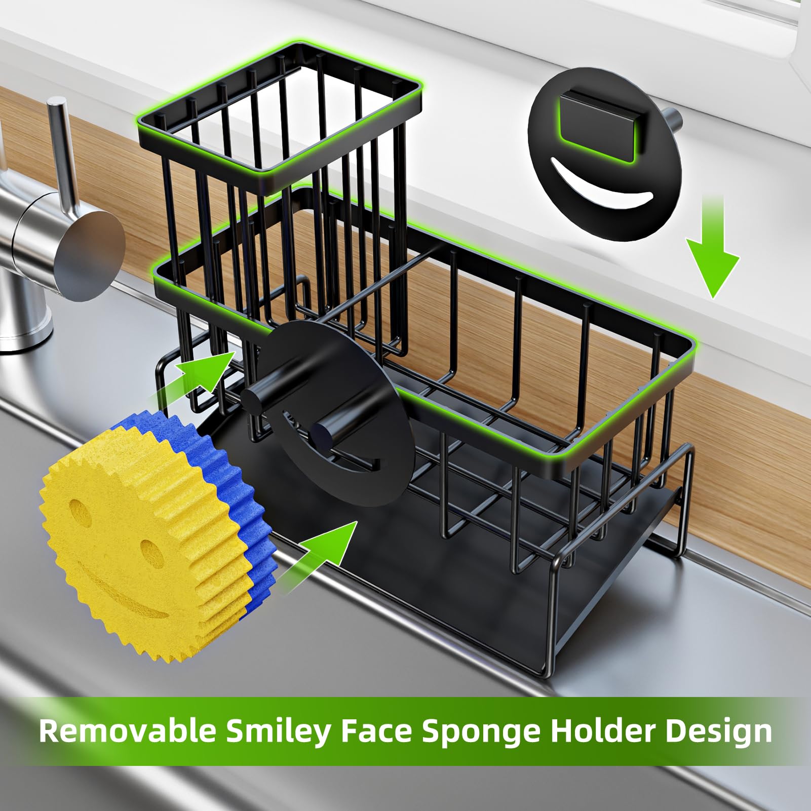 HAYOLPORS Smiley Face Sink Caddy with stainless steel finish for durable use.