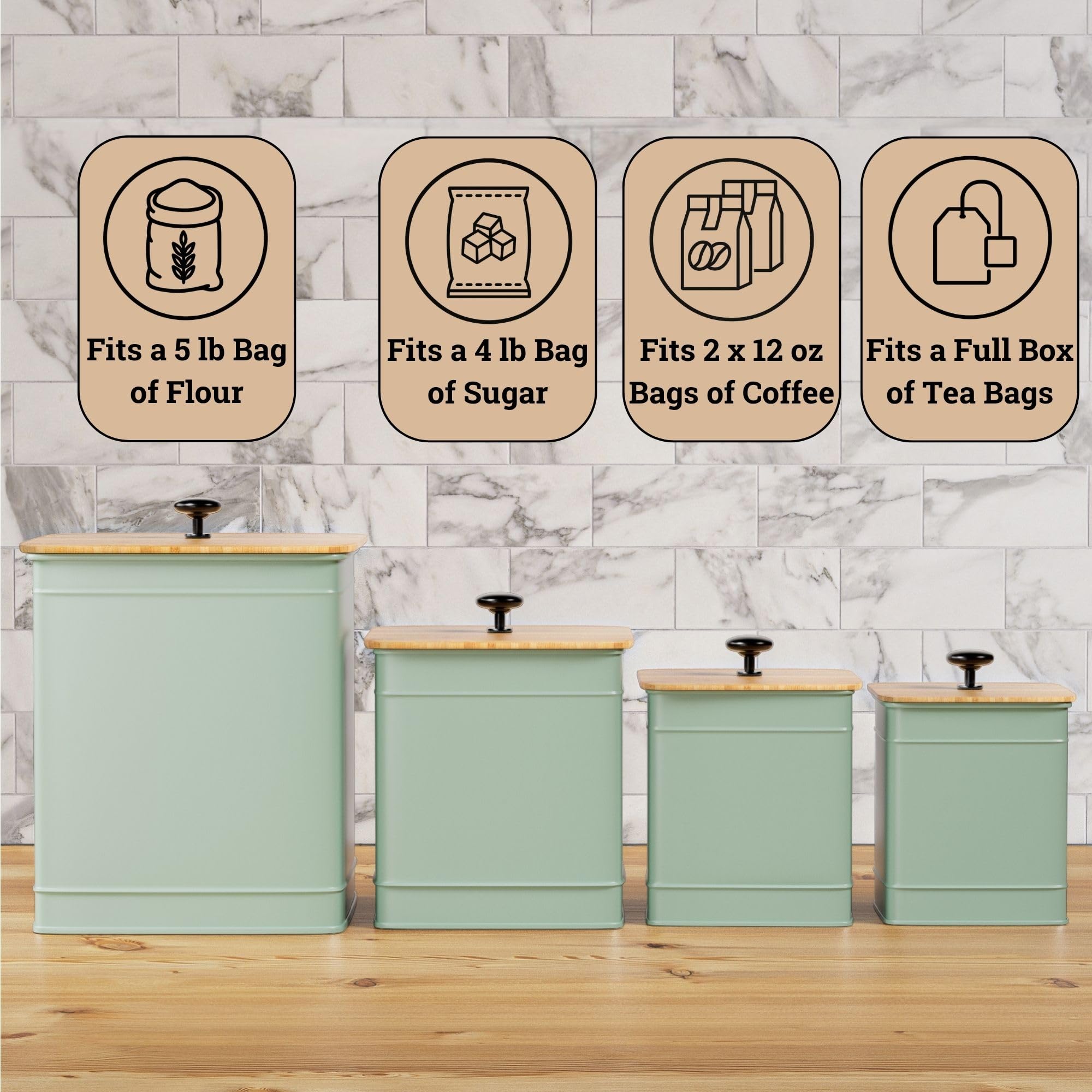 Airtight bamboo lids seal to protect dry ingredients and maintain freshness.