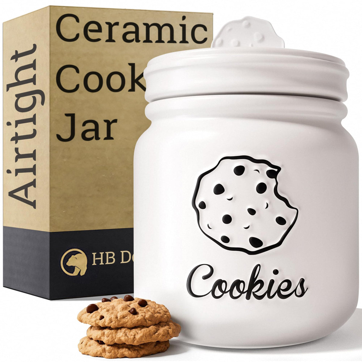 HB Design Co. cookie jar with airtight lid on counter keeps cookies fresh.