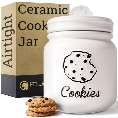HB Design Co. cookie jar with airtight lid on counter keeps cookies fresh.