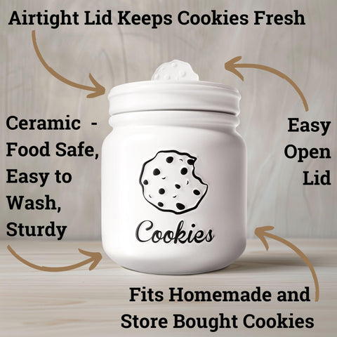 HB Design Co. cookie jar with cookie-shaped handle for easy access.