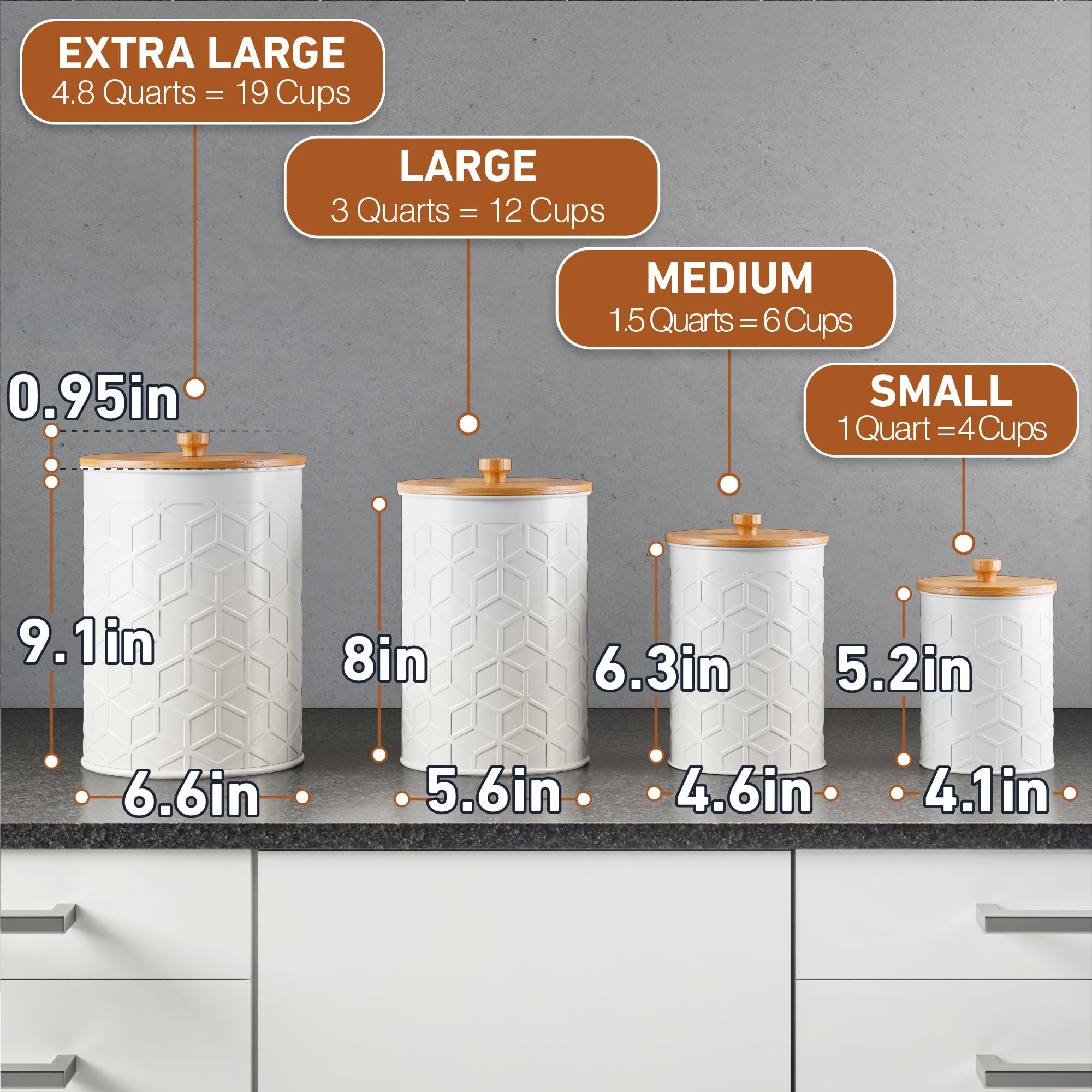 Decorative and functional HB Design Co canisters on kitchen storage shelves