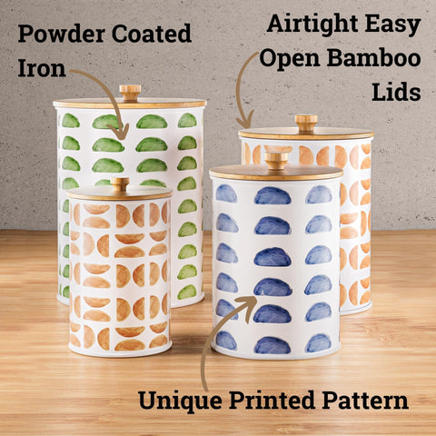 HB Design Co. flour and sugar canisters with secure lids keep baking staples fresh.