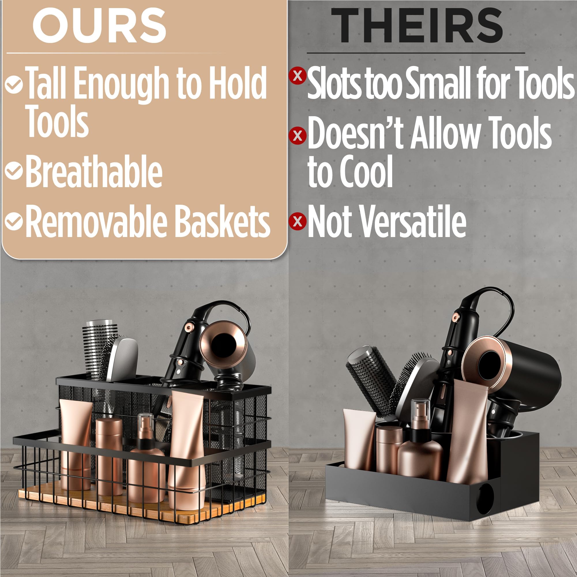 HB Design Co. hair tool organizer bamboo base adds sturdy, stain-resistant support.