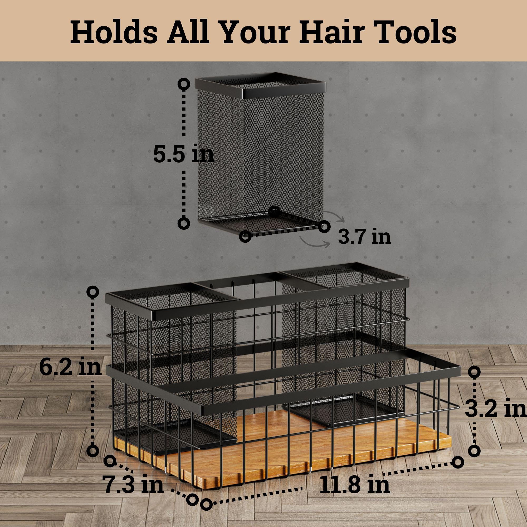 HB Design Co. hair tool organizer countertop setup ideal for busy bathrooms.