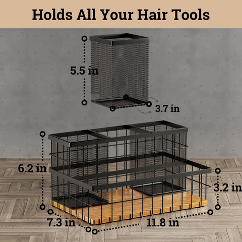 HB Design Co. hair tool organizer countertop setup ideal for busy bathrooms.
