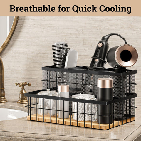 HB Design Co. hair tool organizer open baskets for quick cooling and visibility.