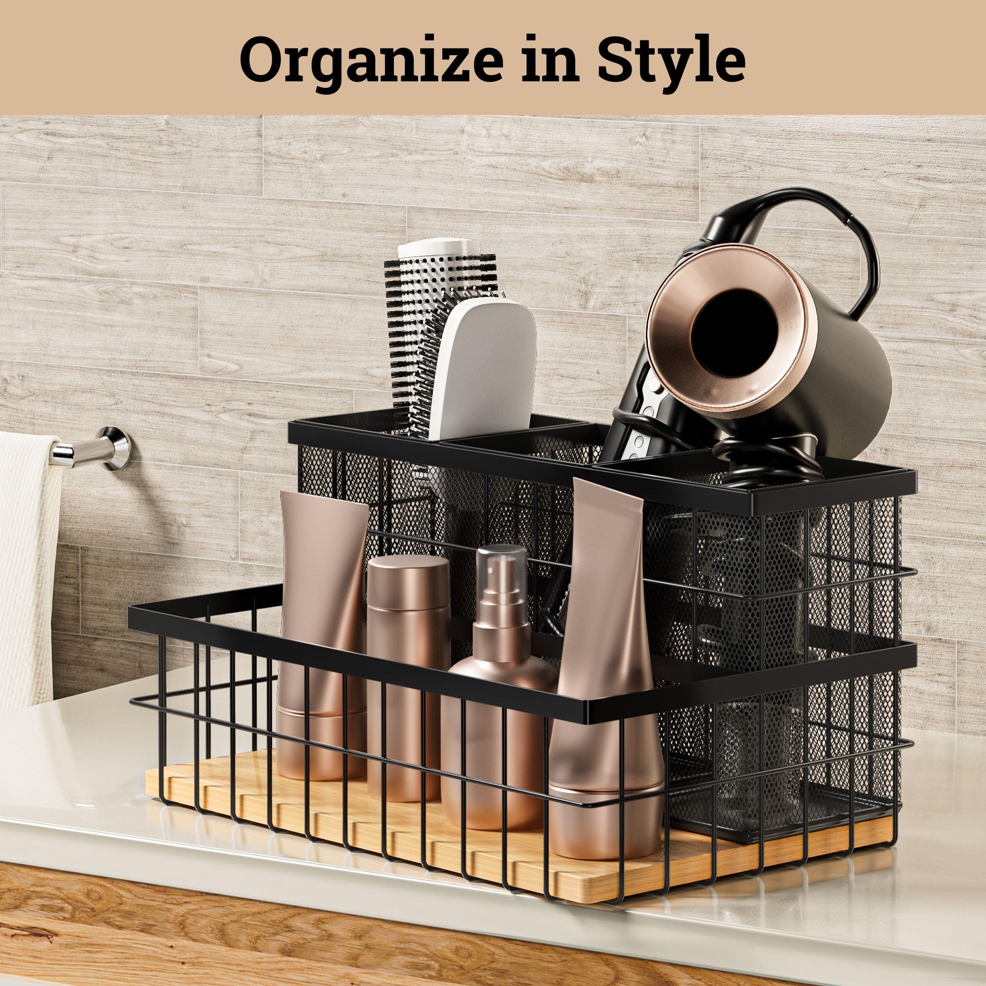 HB Design Co. hair tool organizer removable baskets simplify cleaning and reconfiguration.