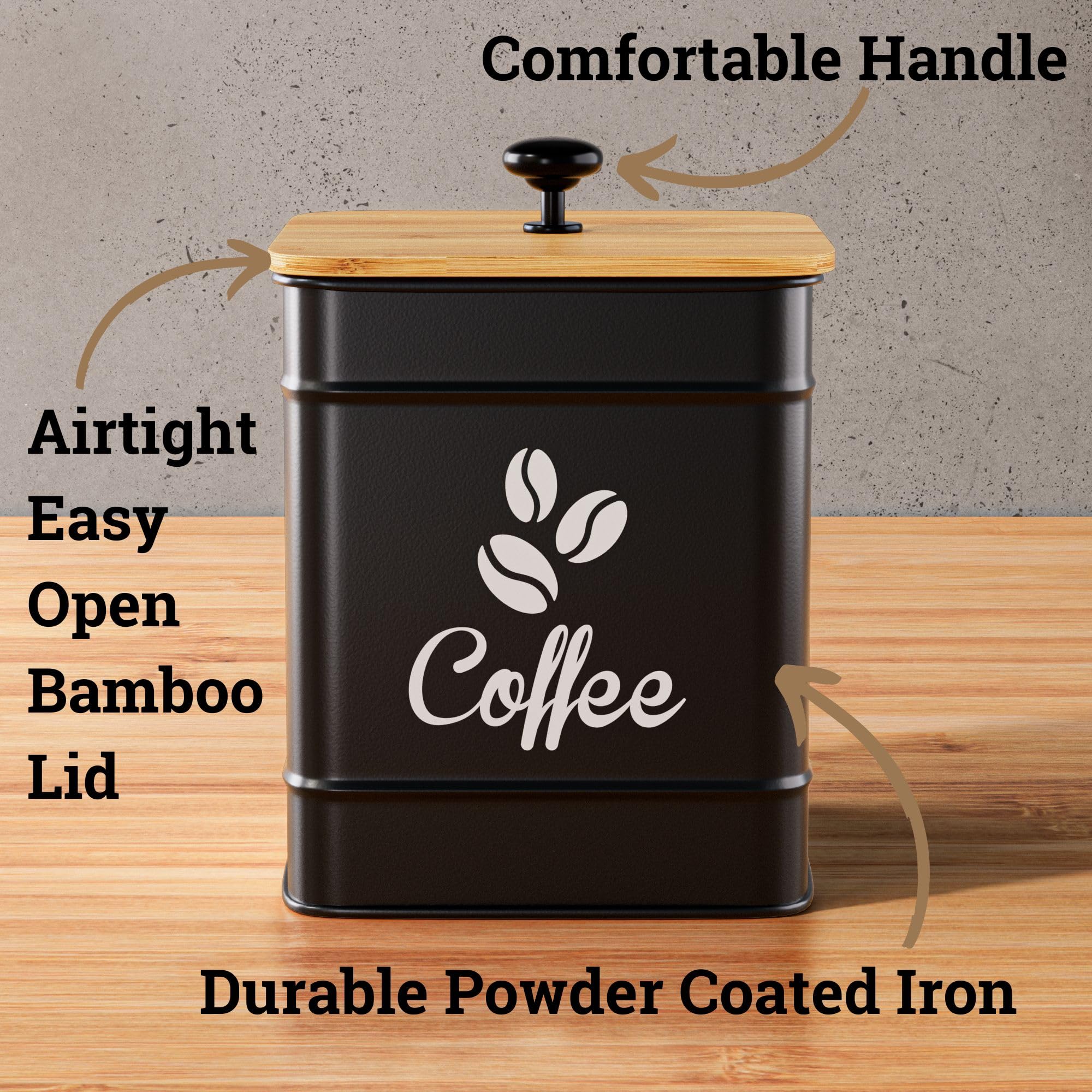HB Design Co iron black coffee tin on countertop emphasizes durable storage