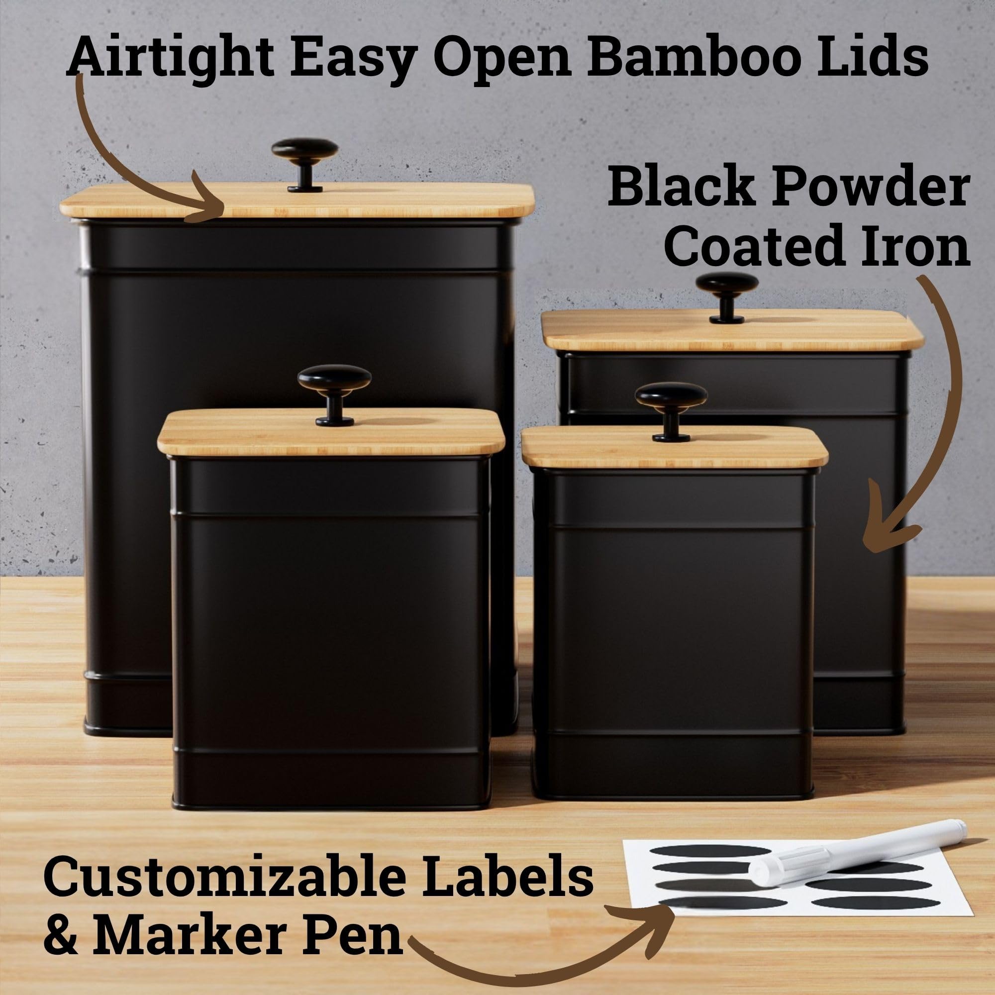 HB Design Co airtight lids with bamboo rims keep pantry staples fresh.