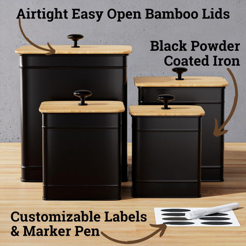 HB Design Co airtight lids with bamboo rims keep pantry staples fresh.