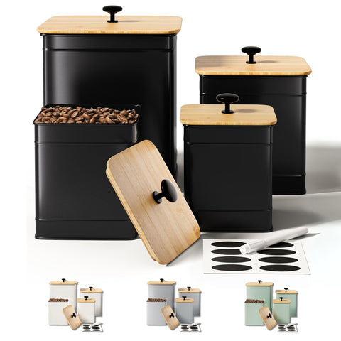 HB Design Co kitchen canisters set of four with matte black finish on the countertop.