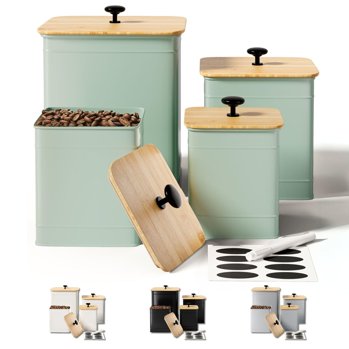 HB Design Co kitchen canisters set of 4 in sage green for neat countertop storage.