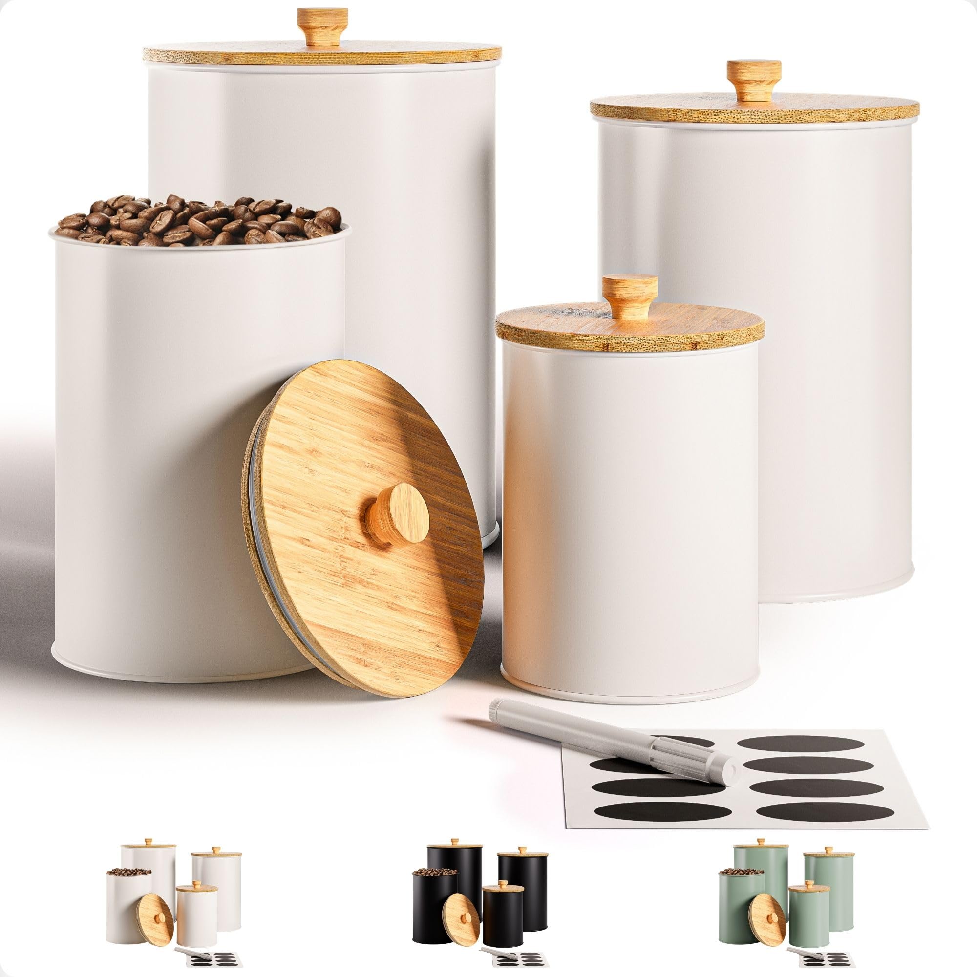 HB Design Co kitchen canisters set on counter with chalkboard labels for organized storage.