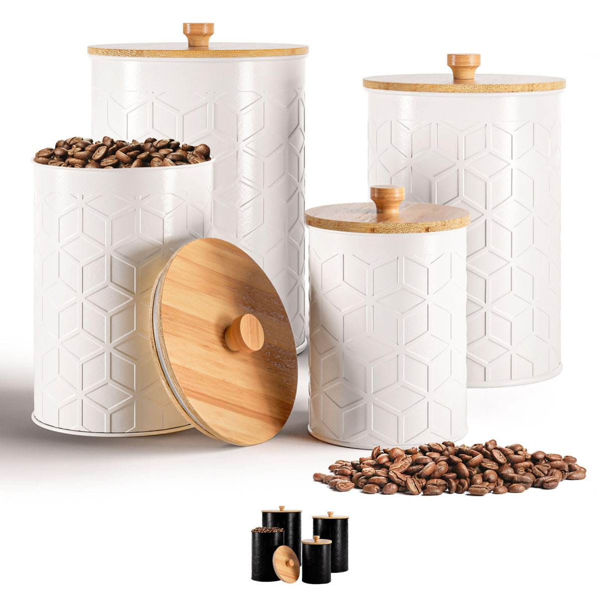 HB Design Co kitchen canisters set of four on countertop with textured iron finish for organized pantry