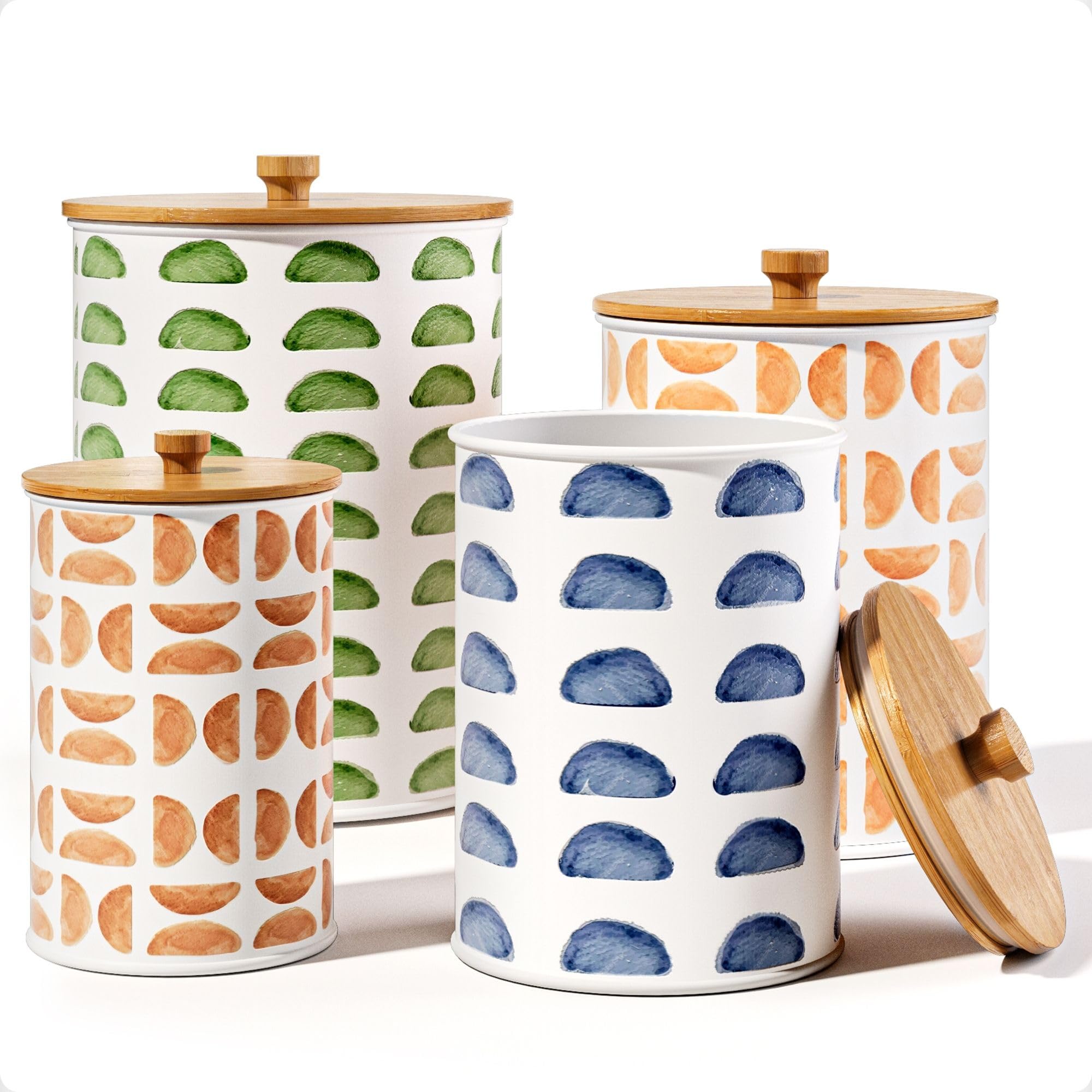 HB Design Co. patterned iron kitchen canisters with airtight lids for organized dry goods.