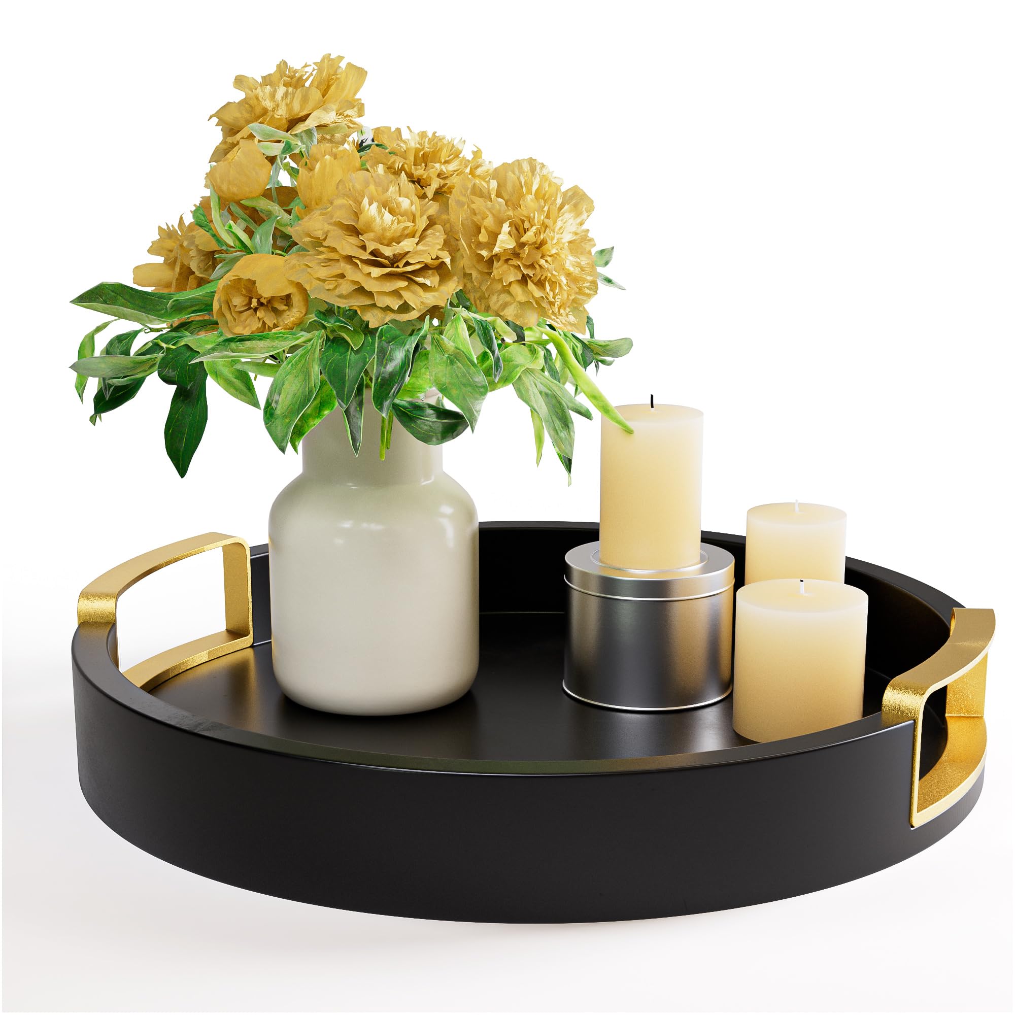 HB Design Co round tray front view with black matte finish and gold handles for elegant display