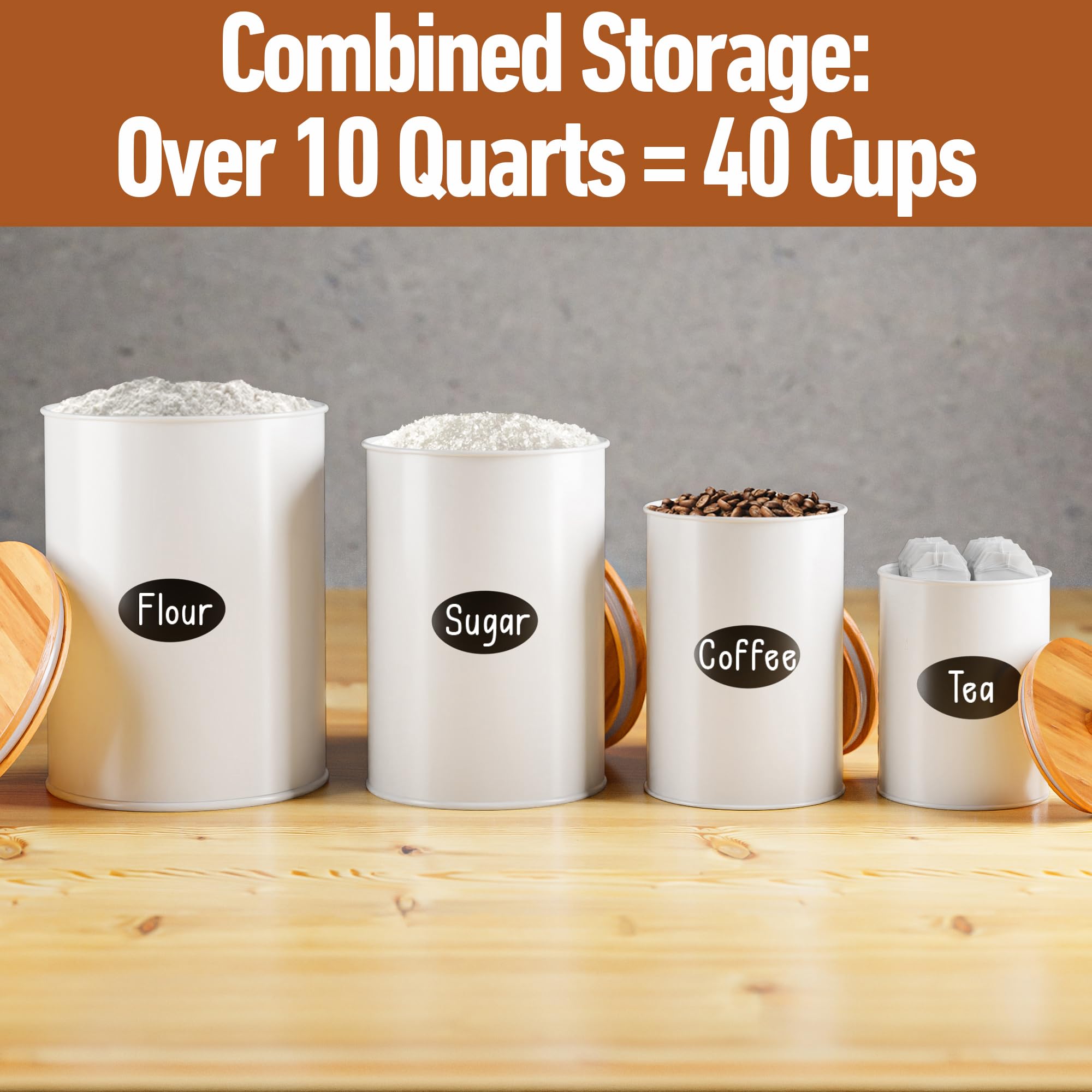 HB Design Co white iron canisters arranged neatly on countertop.