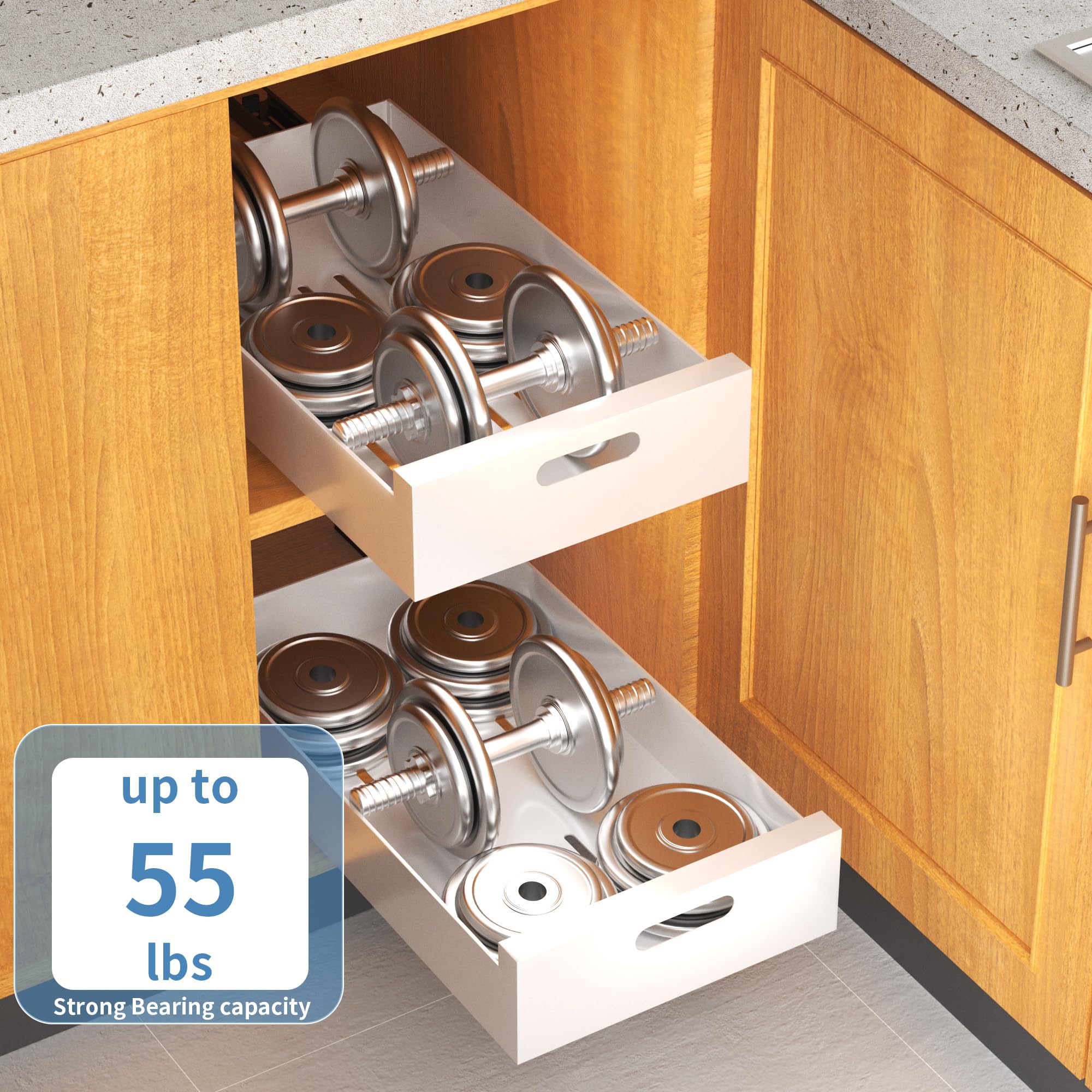 HBL' slide-out shelves ideal for pantry, pots, pans, and lids.