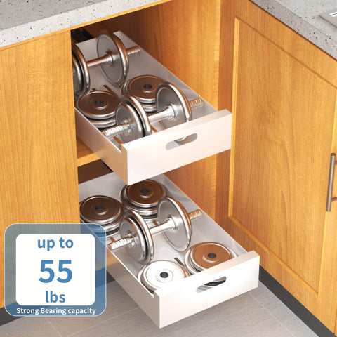 HBL' slide-out shelves ideal for pantry, pots, pans, and lids.